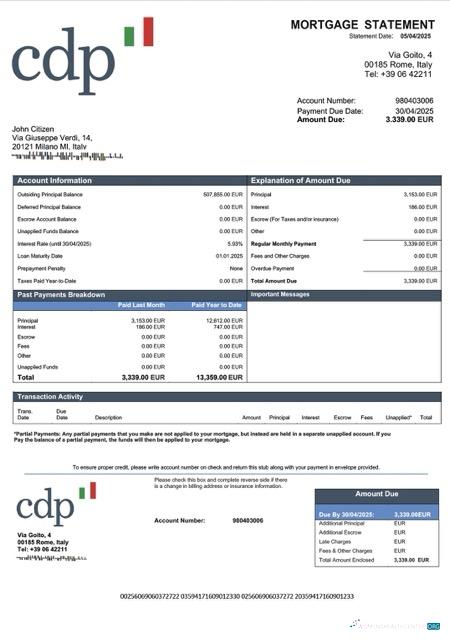 Download Italy Cassa Depositi e Prestiti mortgage statement Word and PDF template Photoshop template